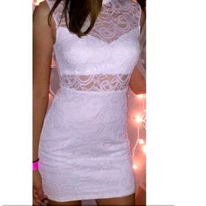 White lace homecoming/event dress with midriff cutout